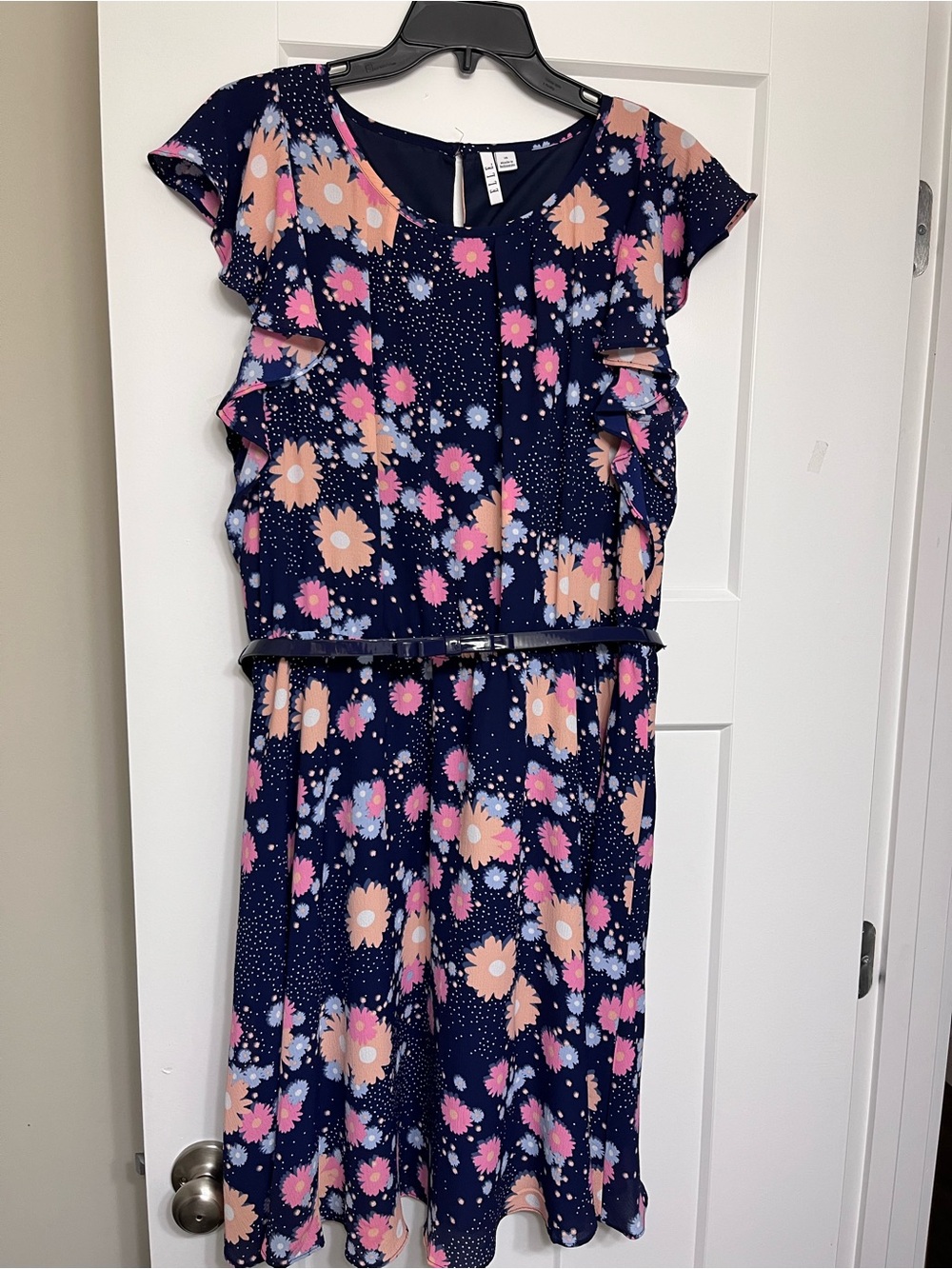 Elle Navy Floral Belted Ruffle Dress with Pink and Peach Blooms